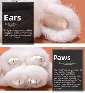 Close-up of white plush rabbit charm showing soft faux fur and gold stitched paws