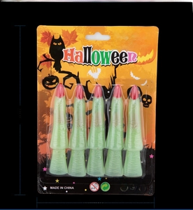 Detailed view of 5pcs glow in the dark Halloween zombie finger claws with red nails