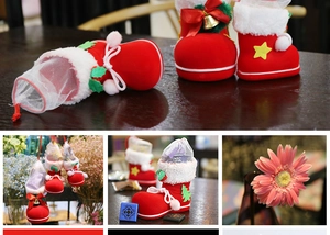 Detailed view of red velvet Christmas boot candy bag with mesh top and bell decor