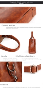 Detail of vintage oil wax leather tote showing thick handles and silver metal hooks