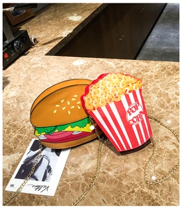 Creative hamburger and popcorn bucket shaped crossbody bags with golden chain straps