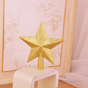 Detailed view of 20cm gold glitter Christmas tree topper star with cylinder base
