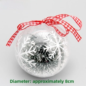 Detailed 8cm clear Christmas ball with white snowflakes, mini tree, and red plaid bow