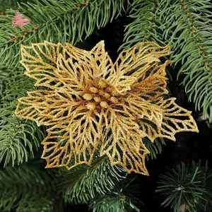 Detail of 14cm hollow golden glitter Christmas flower ornament on pine branches