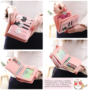 Detail view of pink PU leather cat wallet showing card slots, photo window and coin pocket