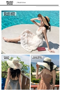 Three elegant wide-brim straw hats with ribbon bows for beach sun protection