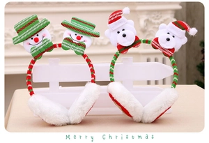 Detail view of plush Christmas earmuffs featuring snowman and polar bear designs