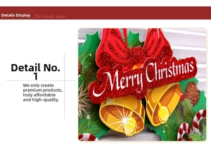 Close-up of paper Christmas wreath ornament with red bow, gold bell and Merry Christmas text