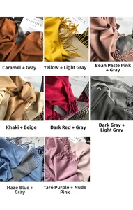 Detail showing various colorful thick cashmere-like fringed scarves in a grid display