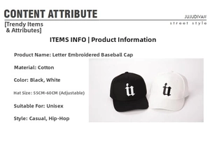 Détail de la casquette en coton avec broderie lettre U et boucle en métal réglable