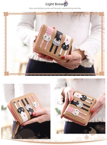 Light brown vegan leather wallet with cute cartoon cat patches and zipper detail