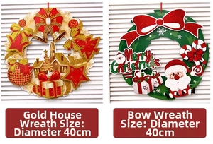 Detail of 40cm 3D paper Christmas wreaths featuring gold house and bow designs