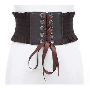 Women brown wide lace-up corset belt detail, vintage elastic waist cincher with bow ribbon.