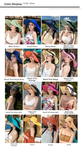 Color options of wide brim straw hats with bow details for beach sun protection