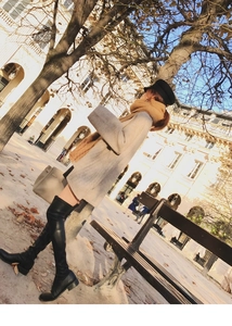 Chic winter style featuring thick brown mohair knit scarf with wool coat and boots