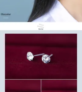 Macro detail of S925 silver stud earring with 6mm diameter solitaire cubic zirconia diamond
