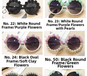 Detailed view of round sunglasses featuring decorative floral accents and pearls