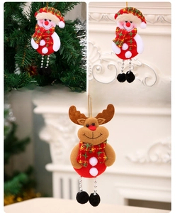 Detail view of snowman and elk ornaments with red plaid scarves and silver bead chain legs