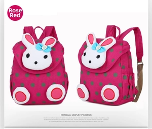 Detail view of rose red children's backpack with gray polka dots and 3D bunny design