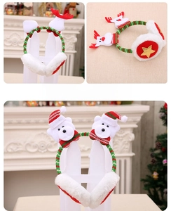 Detail of Christmas plush ear muffs featuring red reindeer antlers and white bear styles