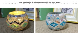 Mosaic glass candle holder showing lit and natural light effects for home decor