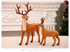 Close-up of a pair of fuzzy reindeer figurines with white spots for Christmas decor