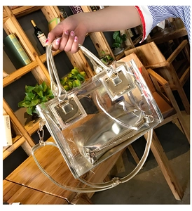 Detailed view of a clear jelly bag featuring a golden inner pouch and metallic hardware