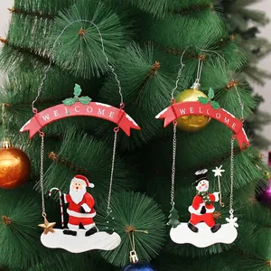 Christmas Hanging Welcome Banner Sign Iron Painted Santa Claus Snowman Ornaments Holiday Home Garden Door Wall Decor