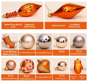 Detailed size guide for assorted orange and rose gold Christmas tree ornaments
