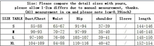 Detailed sizing chart for backless sequin evening dress with chest and waist measurements