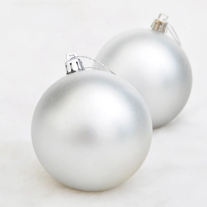 Detail of silver matte Christmas ornaments with metallic caps on white faux fur background