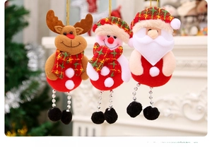 Detailed plush Christmas ornaments set featuring Santa, snowman and reindeer on tree