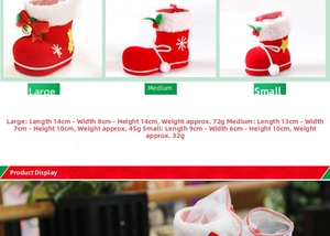 Size chart for red flocked Christmas boot gift bags in large, medium, and small options