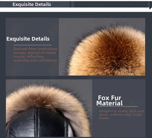 Close-up of premium fox fur texture and black leather stitching on winter earflap hat