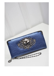 Gothic blue grain leather long wallet with silver skull relief and corner metal protectors
