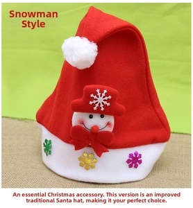 Detail view of plush red Santa hat featuring 3D snowman doll and shiny snowflake sequins