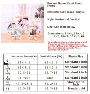 Detailed size chart for solid wood easel picture frames ranging from 5 inch to A4 size