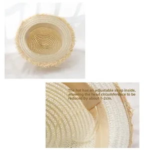 Detail of the internal adjustable strap for raffia sun hat to resize 1-2cm head circumference