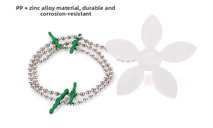 Macro detail of a floral drain cleaner showing zinc alloy chain and tough PP material