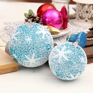 Detailed view of light blue foam Christmas balls with snowflake texture and festive decor