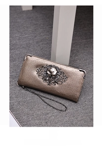 Gothic skull long wallet with metallic bronze texture and silver-grey embossed skull detail