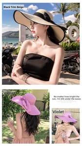 Detail of hand-woven straw hat texture with elegant bow and wide sun-shading brim