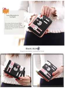 Close-up of black PU leather bifold wallet with cute three cat appliques and metal zipper