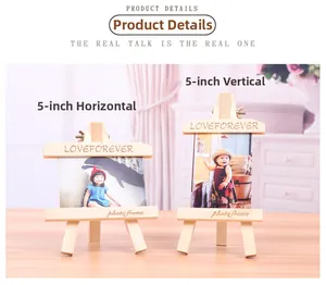 Close-up of mini wooden easel frames with Love Forever engraving in natural wood