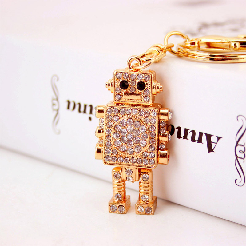 Trendy Cute Rhinestone Robot Keychain Gold Zinc Alloy Sparkling Metal Pendant Keychain With Lobster Clasp For Bag Car Keys Men Women Gift Jewelry