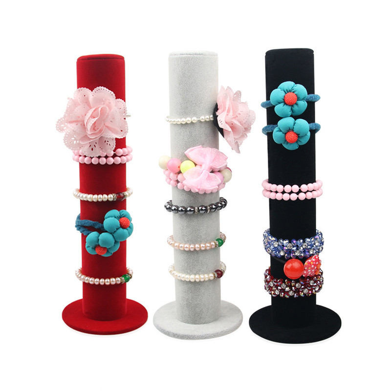 Velvet Flocking Jewelry Display Stand Vertical Cylinder T-Bar Bracelet Holder Scrunchie Organizer For Watches Hair Ties Bangles Home Shop Storage PVC MDF Base