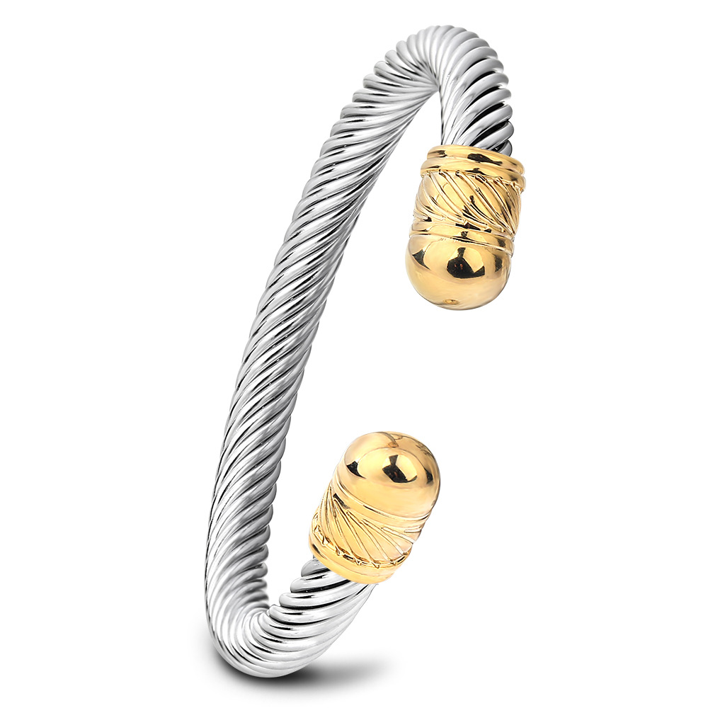 Stainless Steel Twisted Cable Cuff Bracelet Adjustable Open Bangle Minimalist Bicolor Geometric Jewelry
