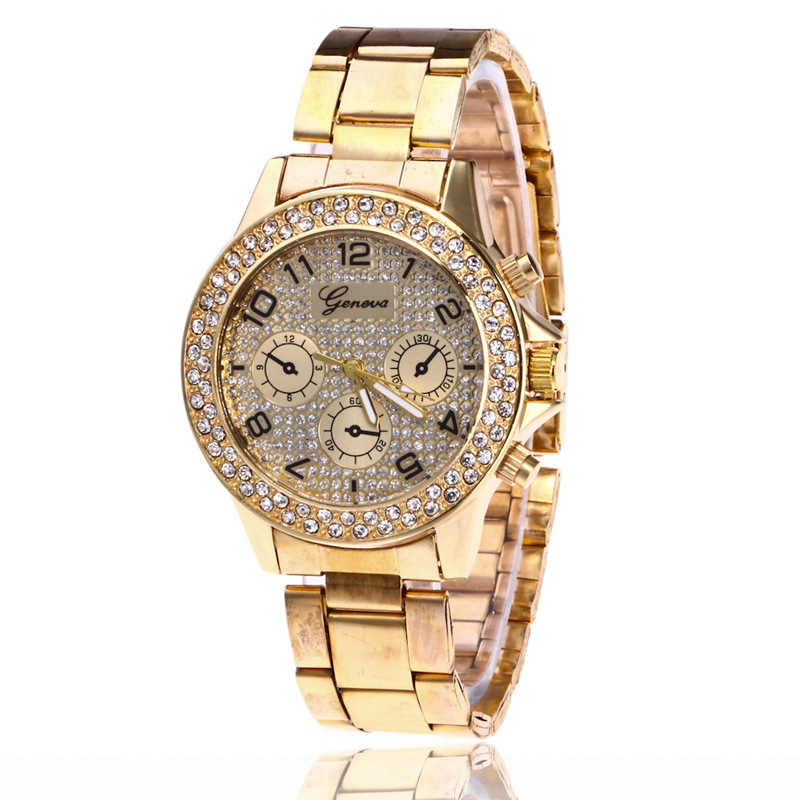 Geneva Luxury Women Fashion Quartz Watch Stainless Steel Strap Rhinestone Alloy Case Analog Wristwatch Elegant Three Eye Style For Ladies Party Daily Wear