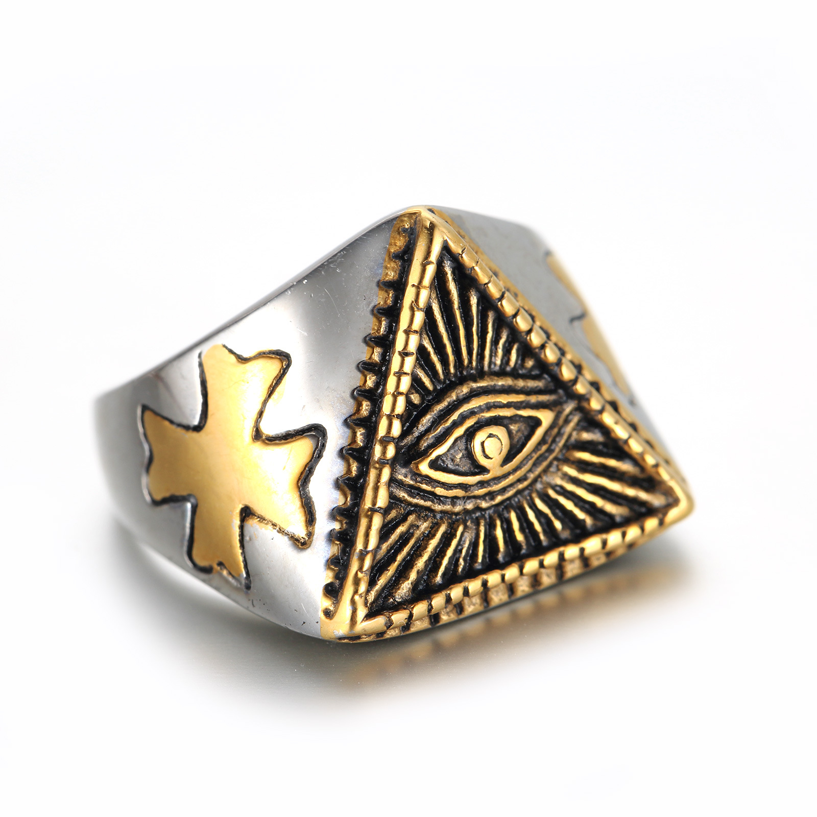 Vintage Men's Stainless Steel Ring All-Seeing Eye Pyramid Gold Plated Cross Religious Signet Band Two-Tone Mystery Ring Jewelry Accessory