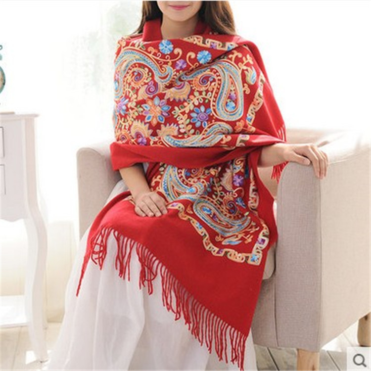 Women's Pure Wool Shawl Ethnic Nepal Paisley Embroidery Pashmina Scarf Large Thick Winter Wrap With Tassels For Travel Party Lady Luxury Warm Scarf